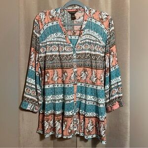 Bit & Bridle Large Teal and Pink Western Button Down Shirt GUC